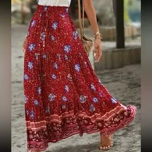 スカート Vintage floral frill maxi skirt red Vintage floral frill maxi skirt red
